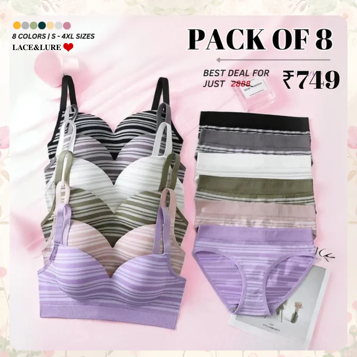 8-Pair Women's Coordinated Bra and Panty Lingerie Set | CB-07