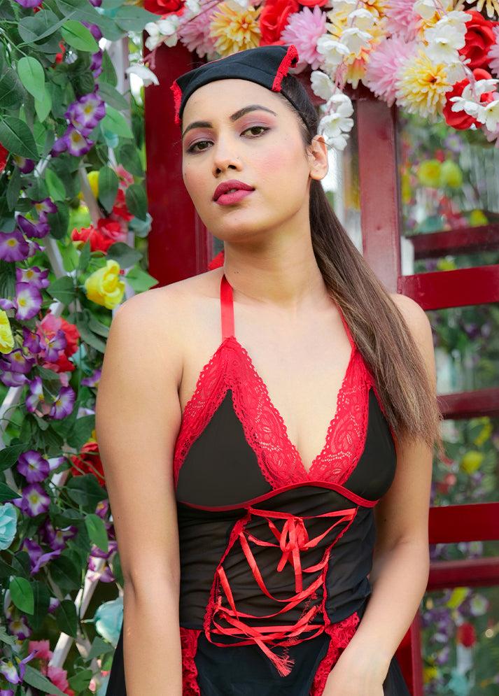 Mesh BabyDoll With Center Front Lace Up & Lace Trim Detail | RD-04