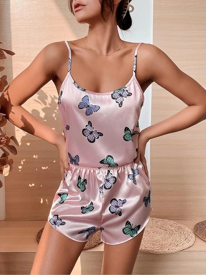 Pink Butterfly Satin Nightwear 2Pc Set | NG-07